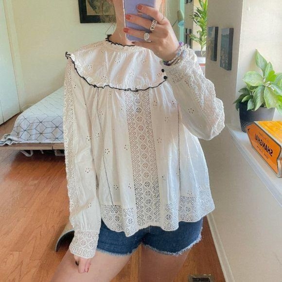 Sezane Ruffled Lace High Neck Eyelet Blouse White - Picture 4 of 7